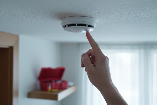 Main installant un détecteur de fumée dans un appartement pour sécuriser le logement avant l'emménagement.