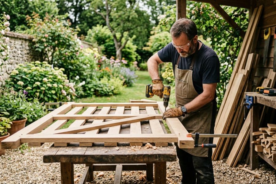 personne qui fabrique une porte de jardin en bois