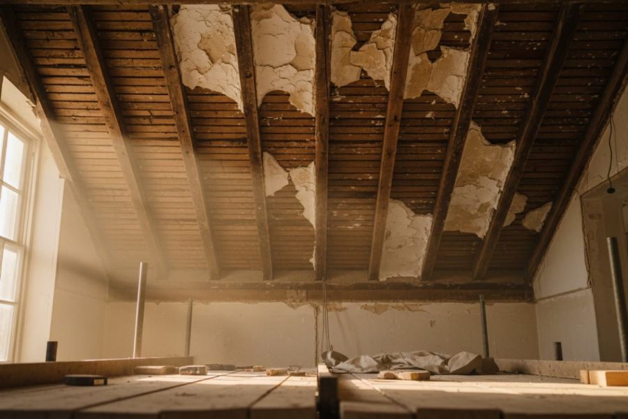 Plafond en lattis-plâtre mis à nu lors d'une rénovation,  révélant les lattes de bois et les couches de plâtre  superposées sur les solives d'un bâtiment ancien