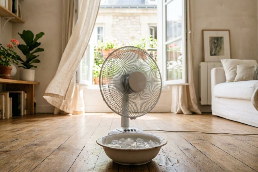 Ventilateur posé devant un bol de glaçons dans un salon lumineux pour rafraîchir une pièce sans climatisation