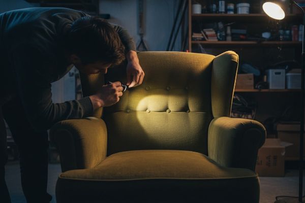 Personne inspectant les coutures d'un fauteuil ancien avec une lampe torche dans un garage, à la recherche de punaises de lit