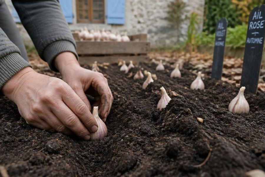 plantation d'ail au potager en automne avec caieux en terre pointe vers le haut