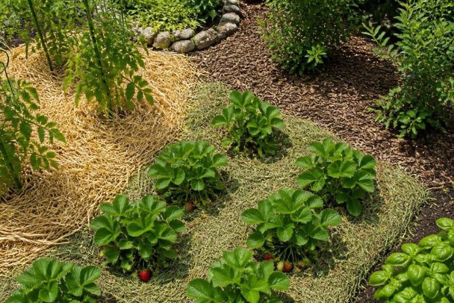 paillage potager avec differents materiaux paille BRF et tonte de gazon autour des legumes
