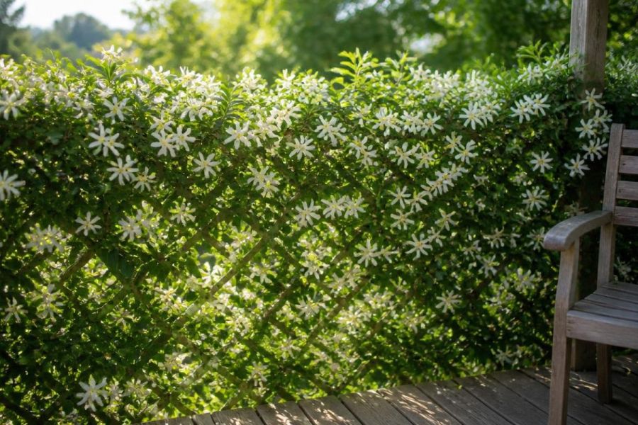 Jasmin étoilé en fleurs couvrant un treillage de clôture et formant un brise-vue dense