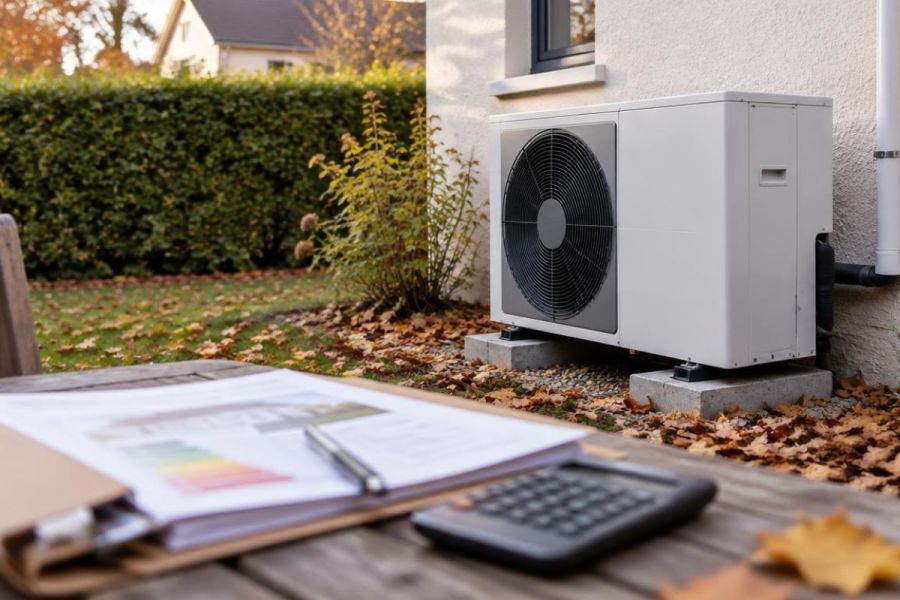 Dossier de demande d’aide à la rénovation énergétique posé près d’une pompe à chaleur extérieure