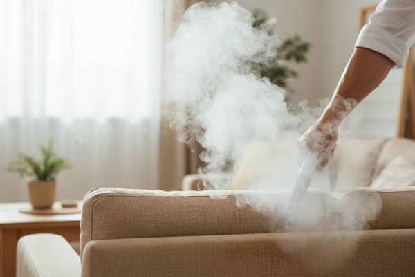 Nettoyage vapeur d'un canapé d'occasion pour éliminer les punaises de lit avant installation dans le salon