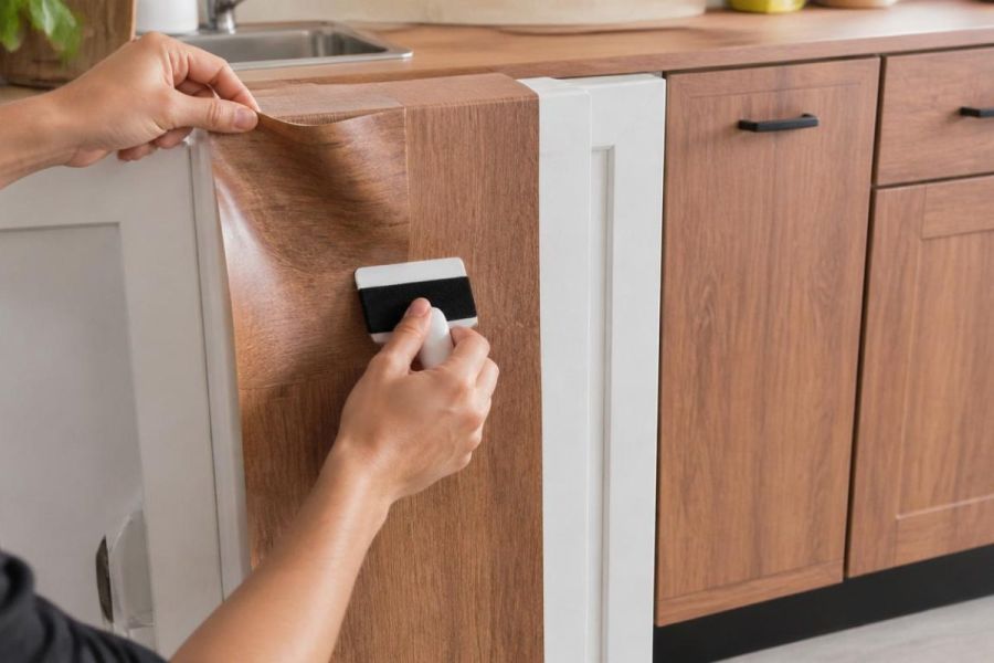 Application de film adhésif effet bois sur une porte de placard de cuisine — relooking sans chantier avec revêtement autocollant