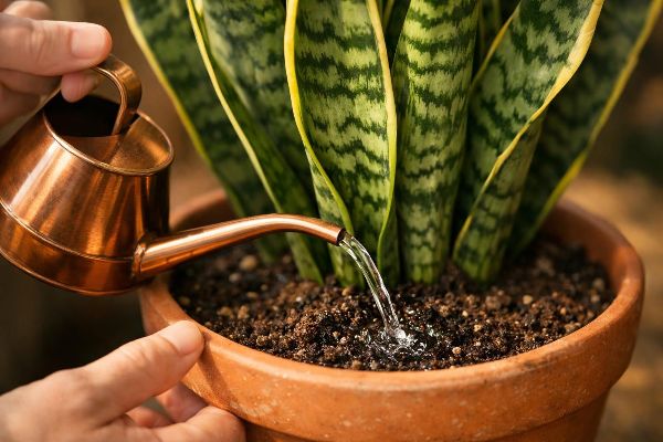 Arrosage précis d'un sansevieria avec arrosoir à long bec versant l'eau directement sur le substrat en évitant les feuilles